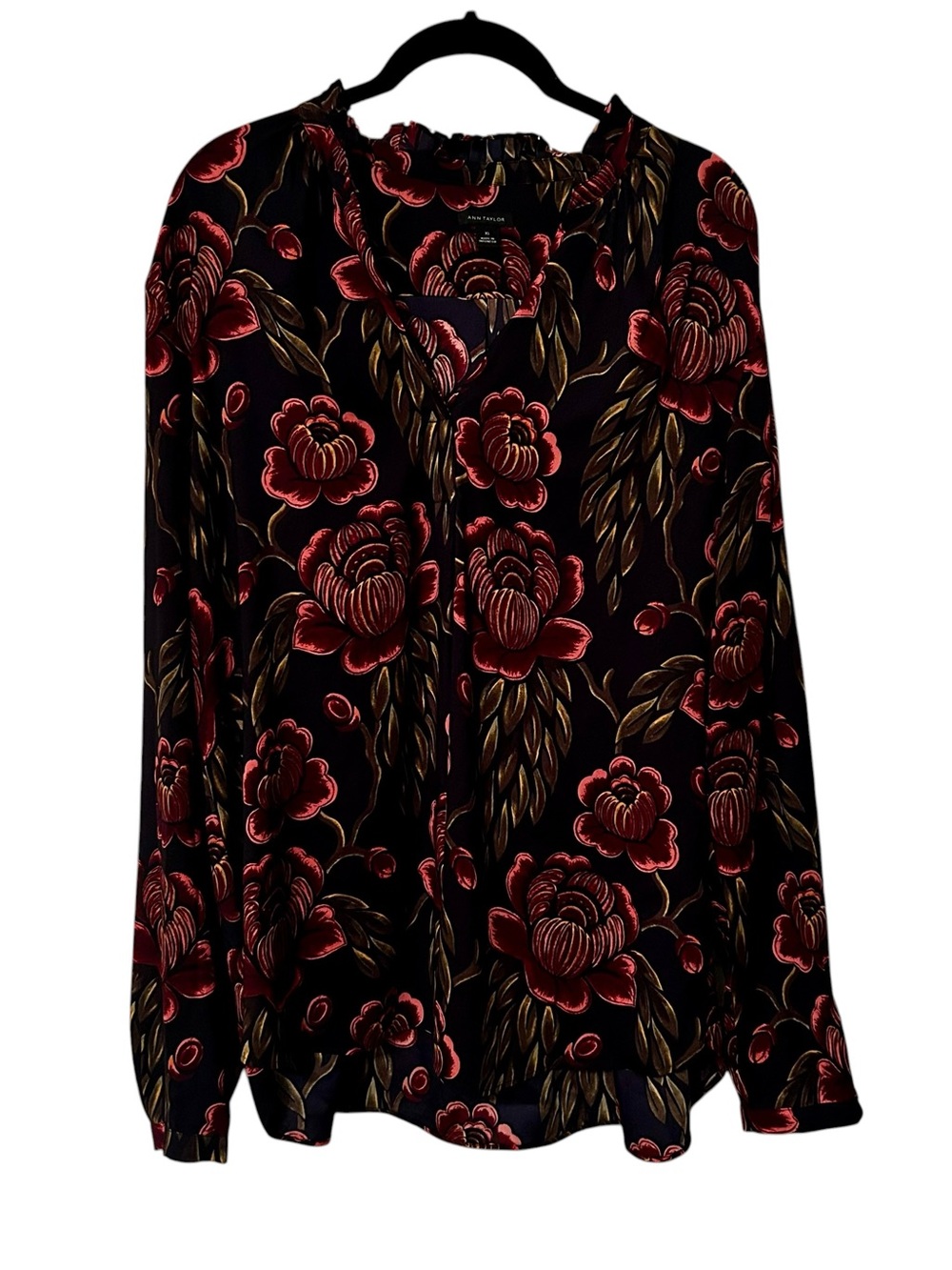 Ann Taylor Navy Red Pleated Collar Rose Garden Floral Print Blouse Womens XL